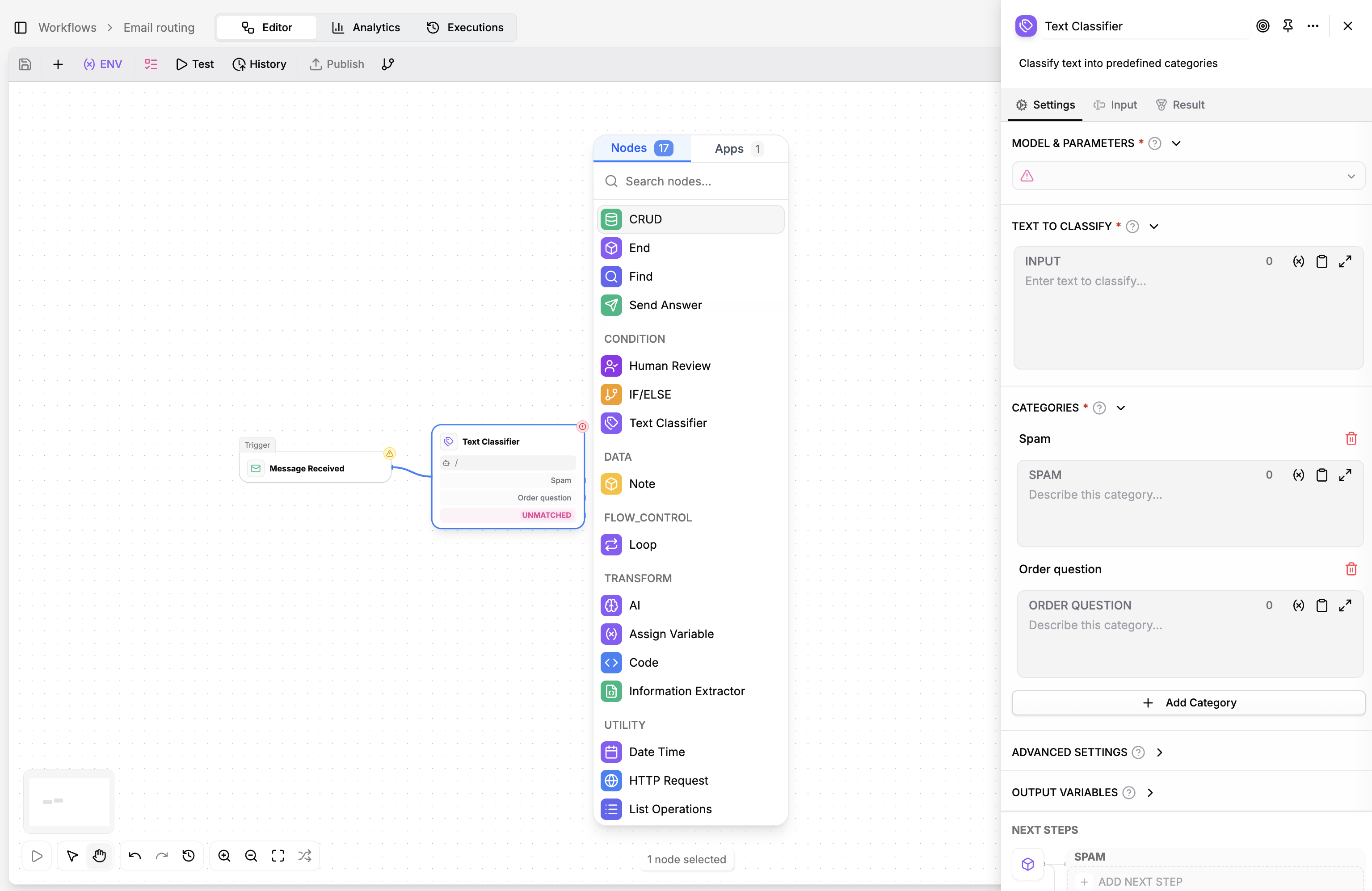 Workflow routing diagram showing automated customer support flow
